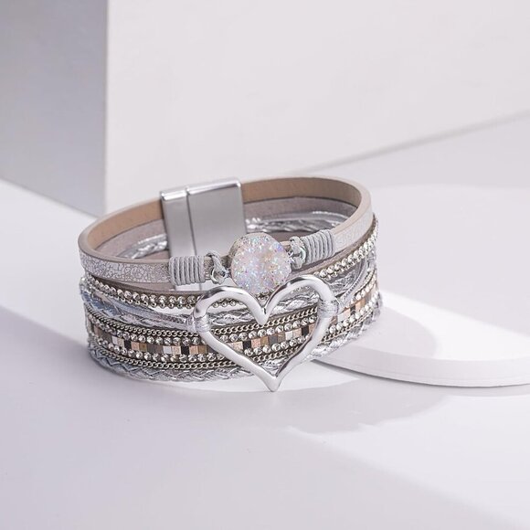 Heart Leather Wrap Bracelet Silver Boho Cuff Rhinetone Magnetic Clasp Women - Picture 6 of 9